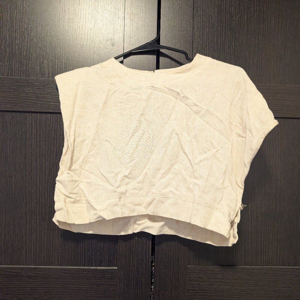 The Native One Padded Shoulder open side crop top, Size Large, tan Linen